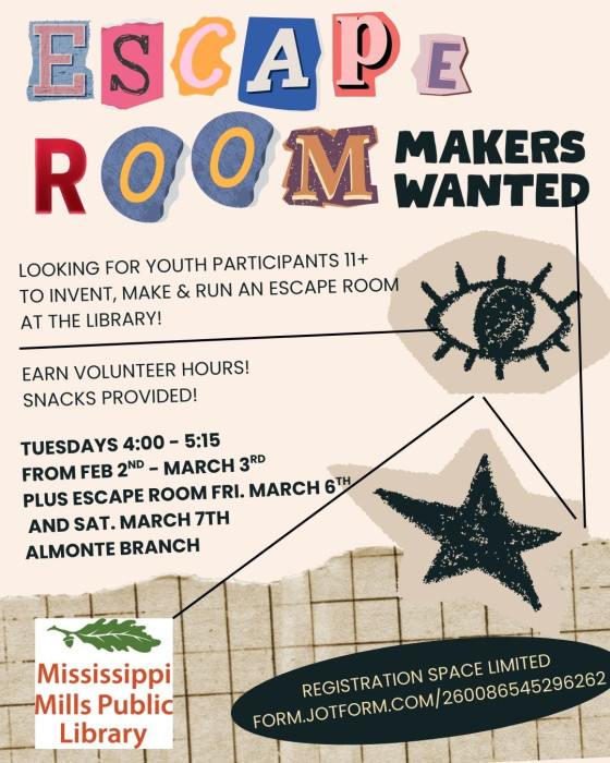 Graphic promoting Escape Room at Mississippi Mills Public Library
