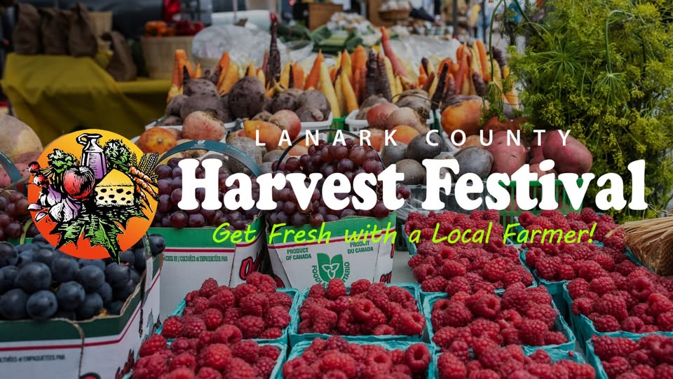 Photo of fresh produce on tables with the text 'Lanark County Harvest Festival - Get Fresh with a Local Farmer!'