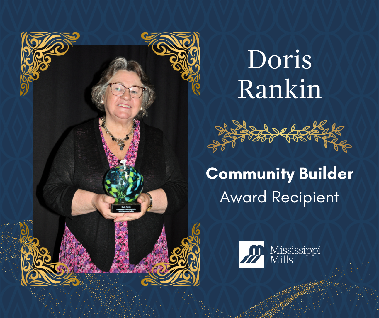 Navy and gold graphic with woman in glasses holding award and the text 'Doris Rankin - Community Builder Award Recipient'