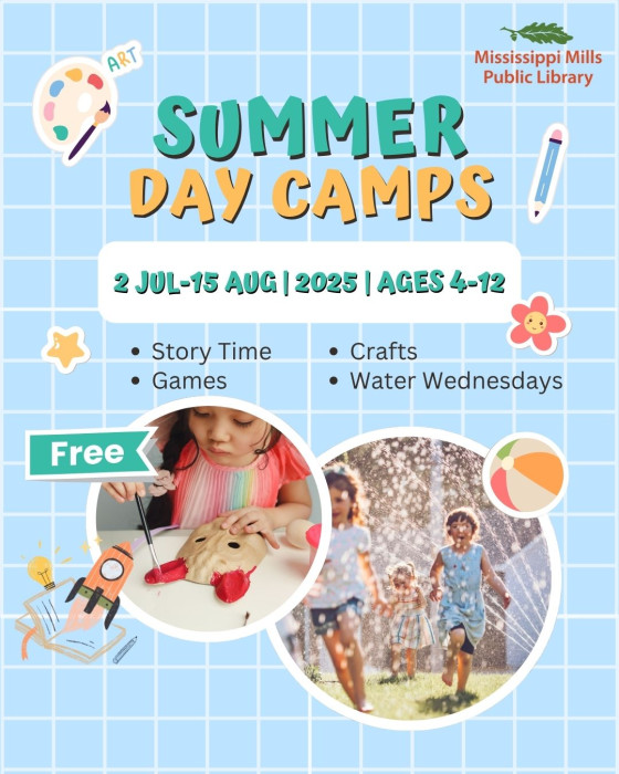 Graphic advertising Mississippi Mills Public Library's August summer camps