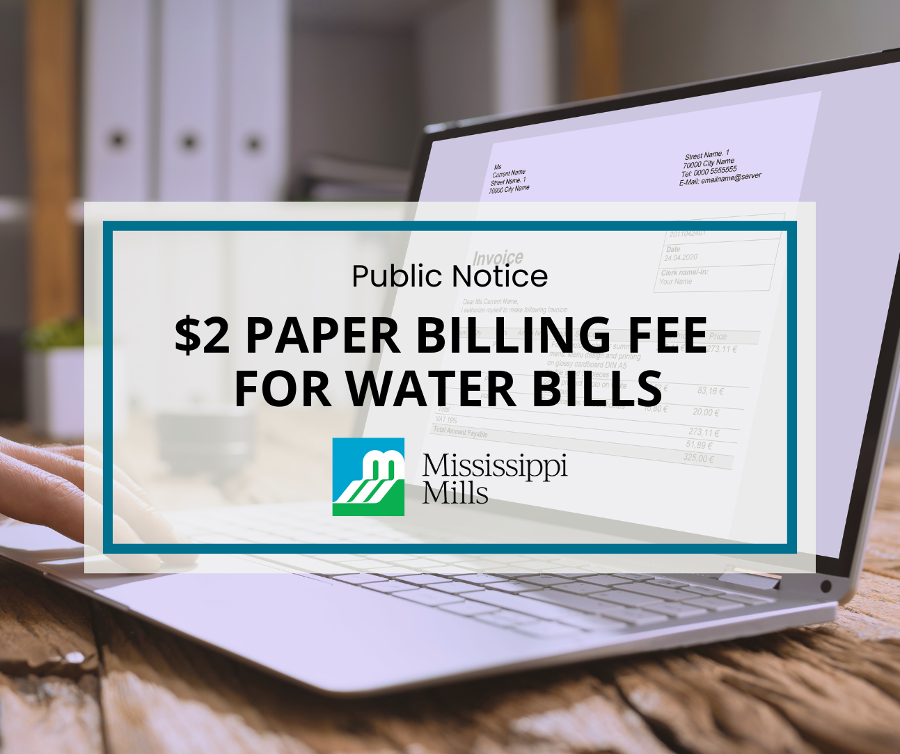 Photo of an invoice on a laptop with the text 'Public Notice - $2 Paper Billing Fee for Water Bills'
