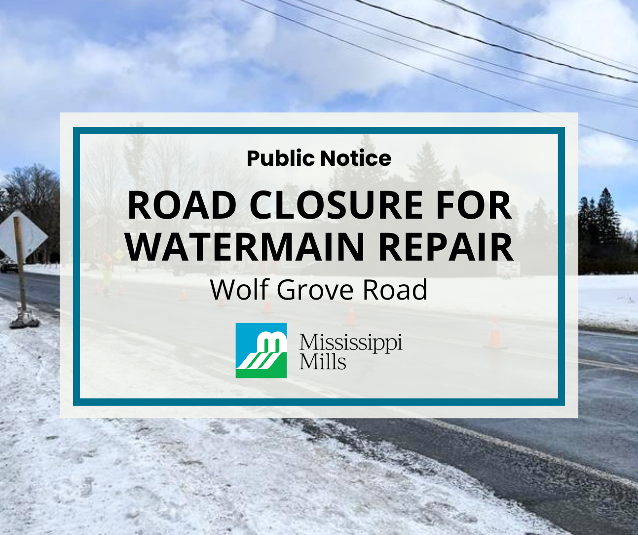 Photo of Wolf Grove Road and the text 'Road Closure for Watermain Repair - Wolf Grove Road'