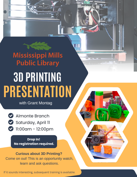 Graphic promoting 3D printing presentation at Mississippi Mills Public Library