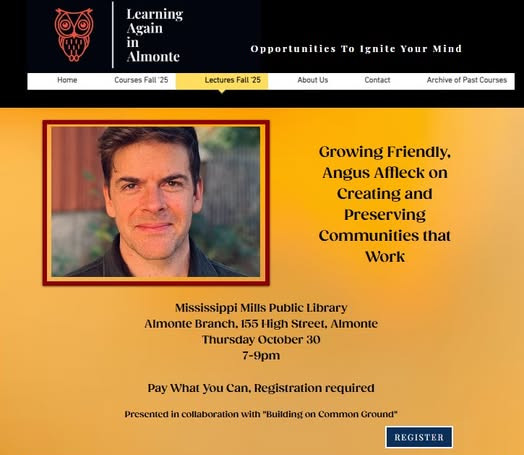 Graphic promoting Learning Again in Almonte lecture series