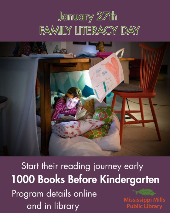 Graphic promoting Mississippi Mills Public Library's Family Literacy Day campaign