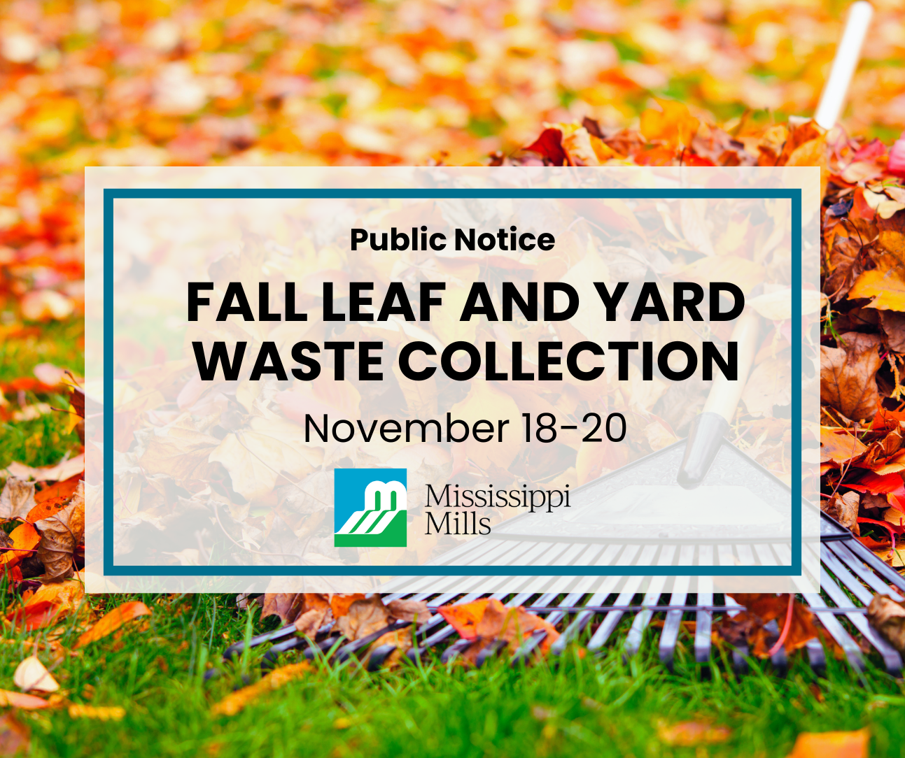 Photo of orange fall leaves being raked on a lawn with the text 'Public Notice - Fall Leaf and Yard Waste Collection: November 18-20;