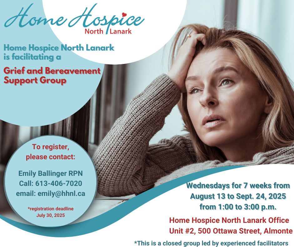 Graphic promoting Home Hospice North Lanark Grief and Bereavement Support Group. Photo shows woman with head in her hands.