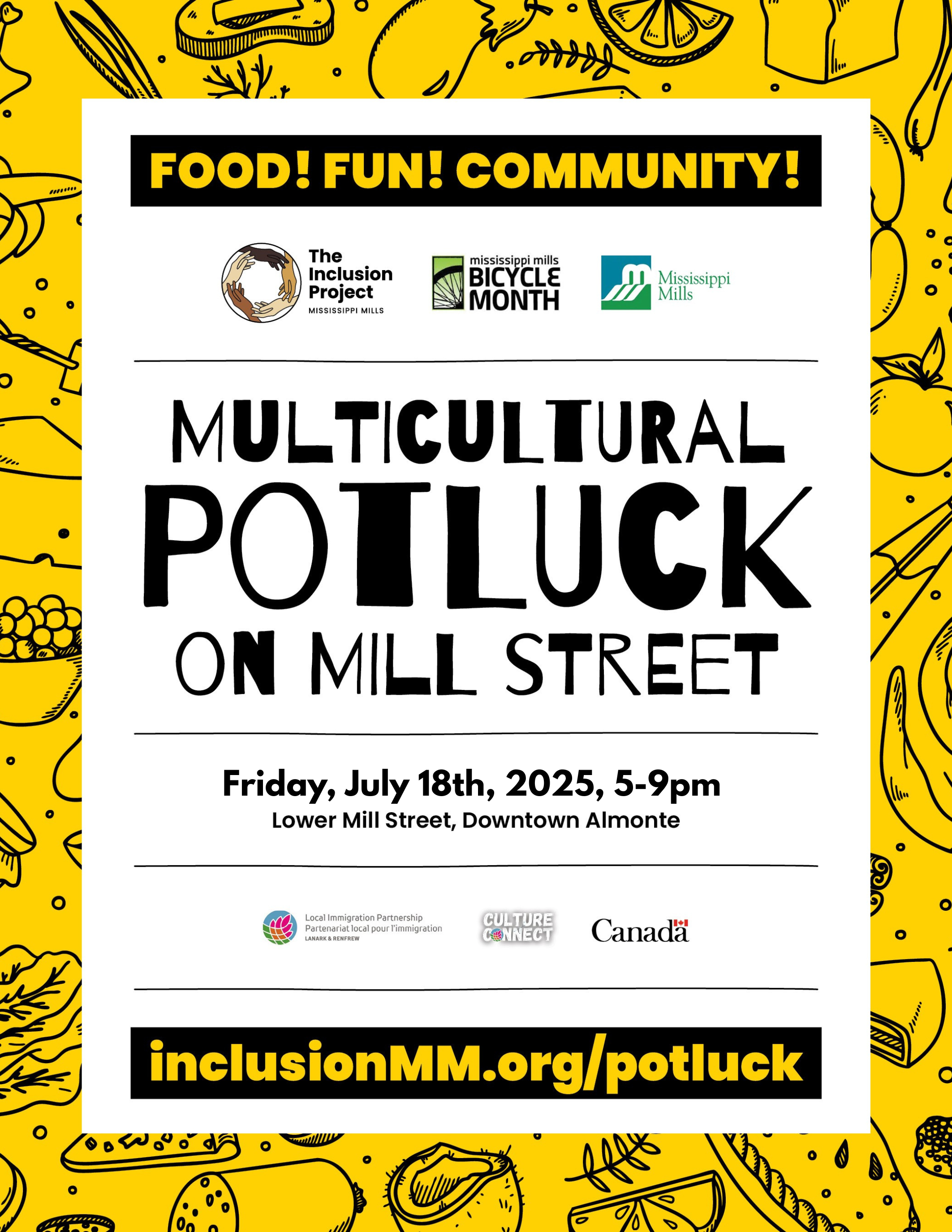 Yellow, white and black poster promoting Multicultural Potluck on Mill Street