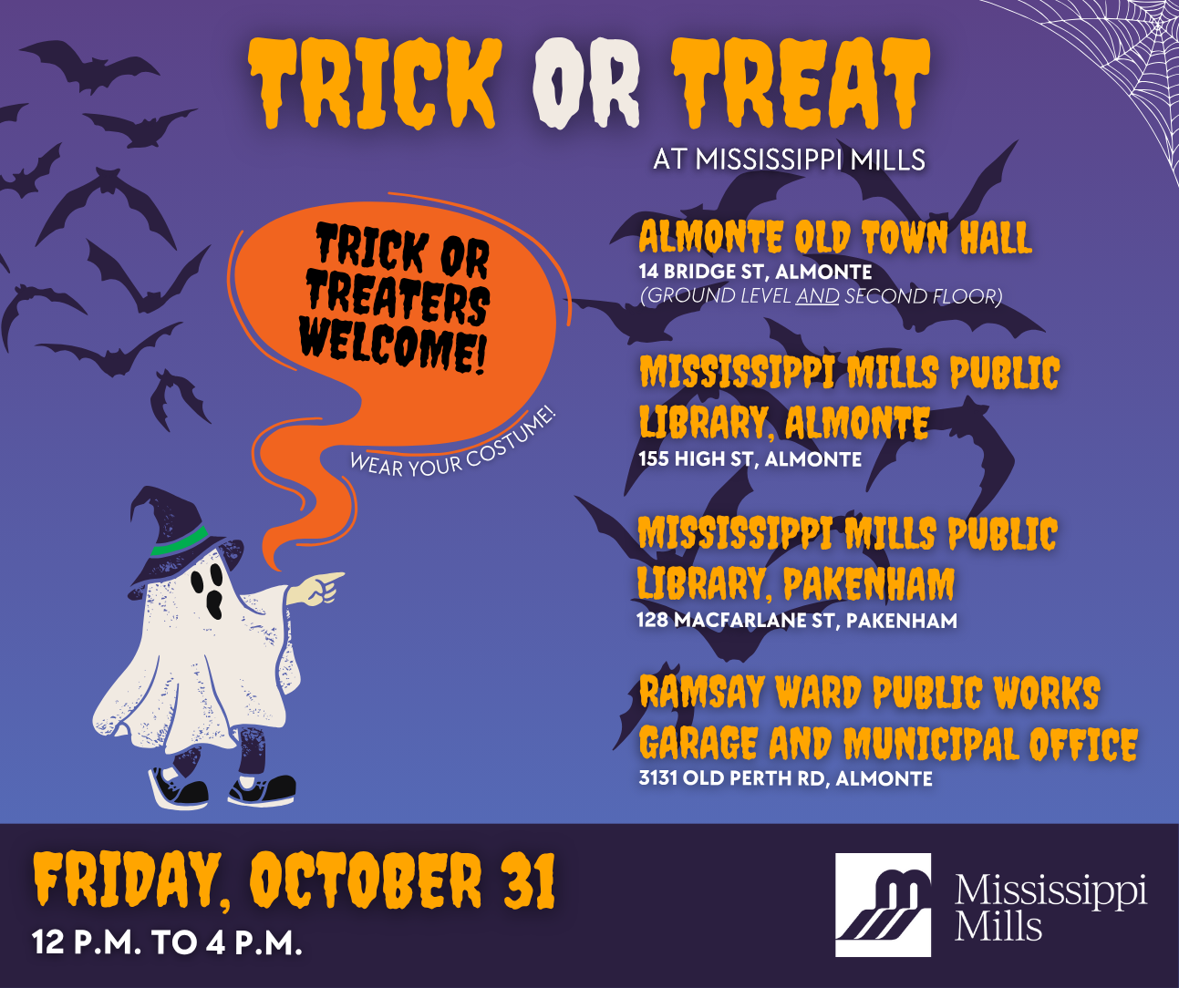 Purple, orange and black graphic promoting Trick or Treat at Mississippi Mills