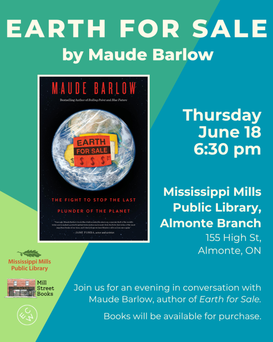 Poster for Maude Barlow author event at Mississippi Mills Public Library