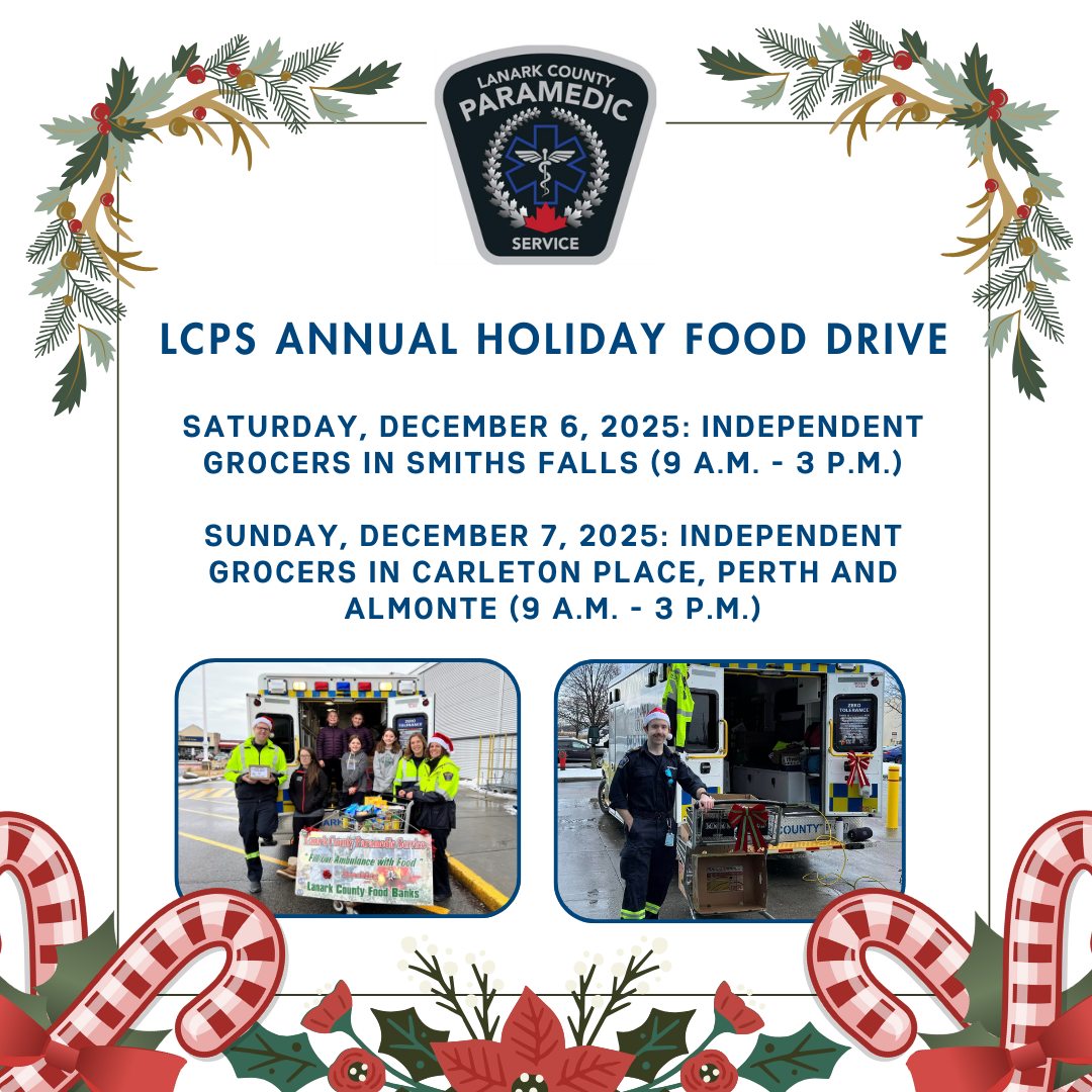 Graphic promoting Lanark County Paramedic Service's 2025 Holiday Food Drive