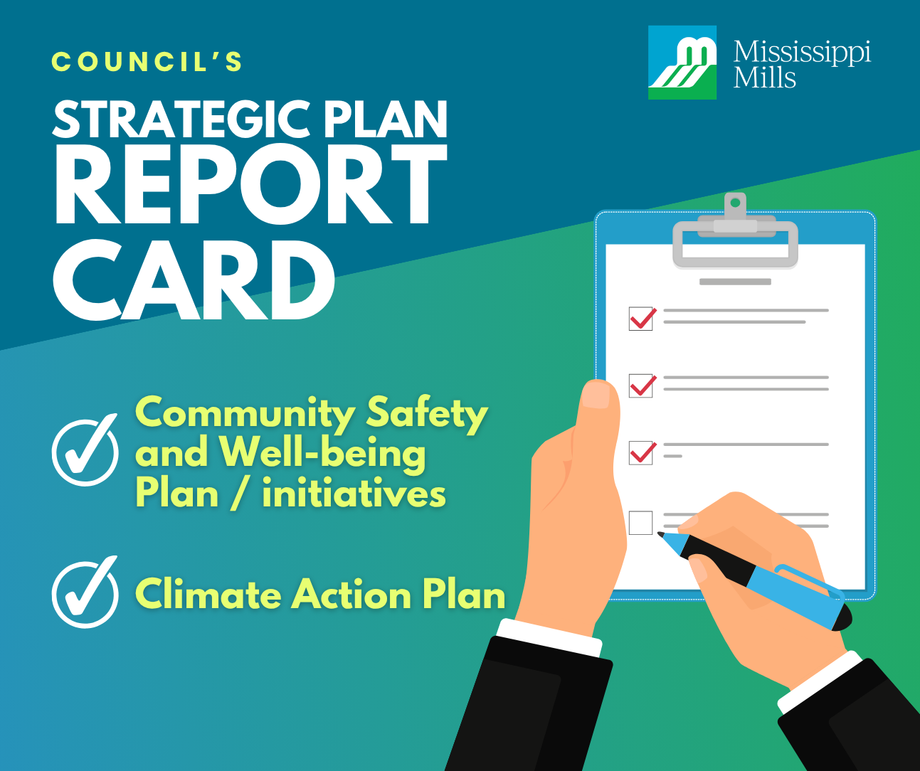 Green and blue graphic with cartoon image of hands holding a clipboard and checking off items with a pen. Text reads 'Council's Strategic Plan Report Card: Community Safety and Well-being Plan / initiatives, Climate Action Plan.'