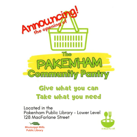 Graphic promoting the opening of A Meal for All's Pakenham Community Pantry in the Pakenham Branch of the Mississippi Mills Public Library