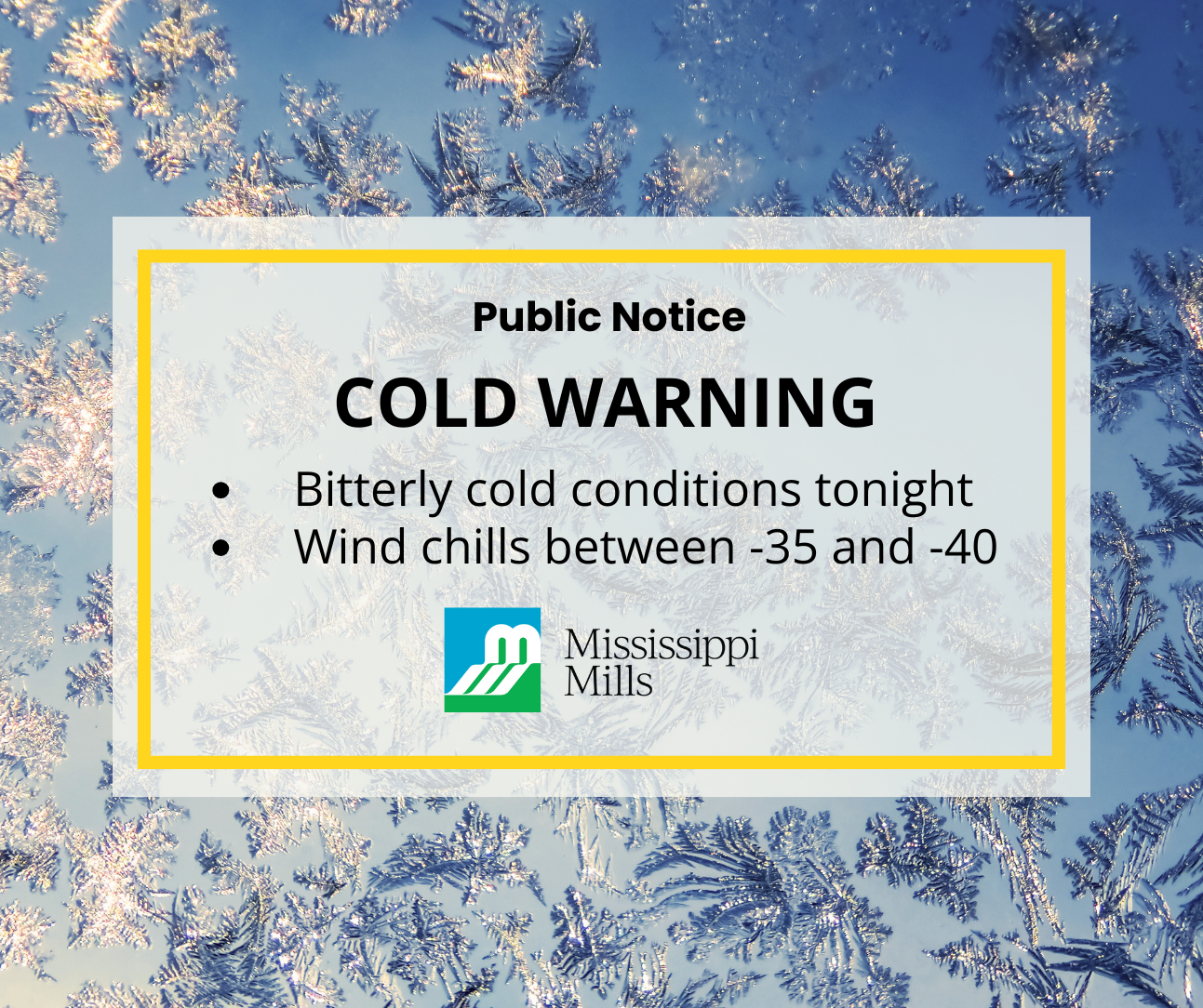 Graphic with photo of frost on a winter's day and the text 'Cold Warning'