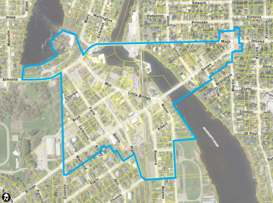 Satellite image of downtown Almonte, Municipality of Mississippi Mills with blue border surrounding it