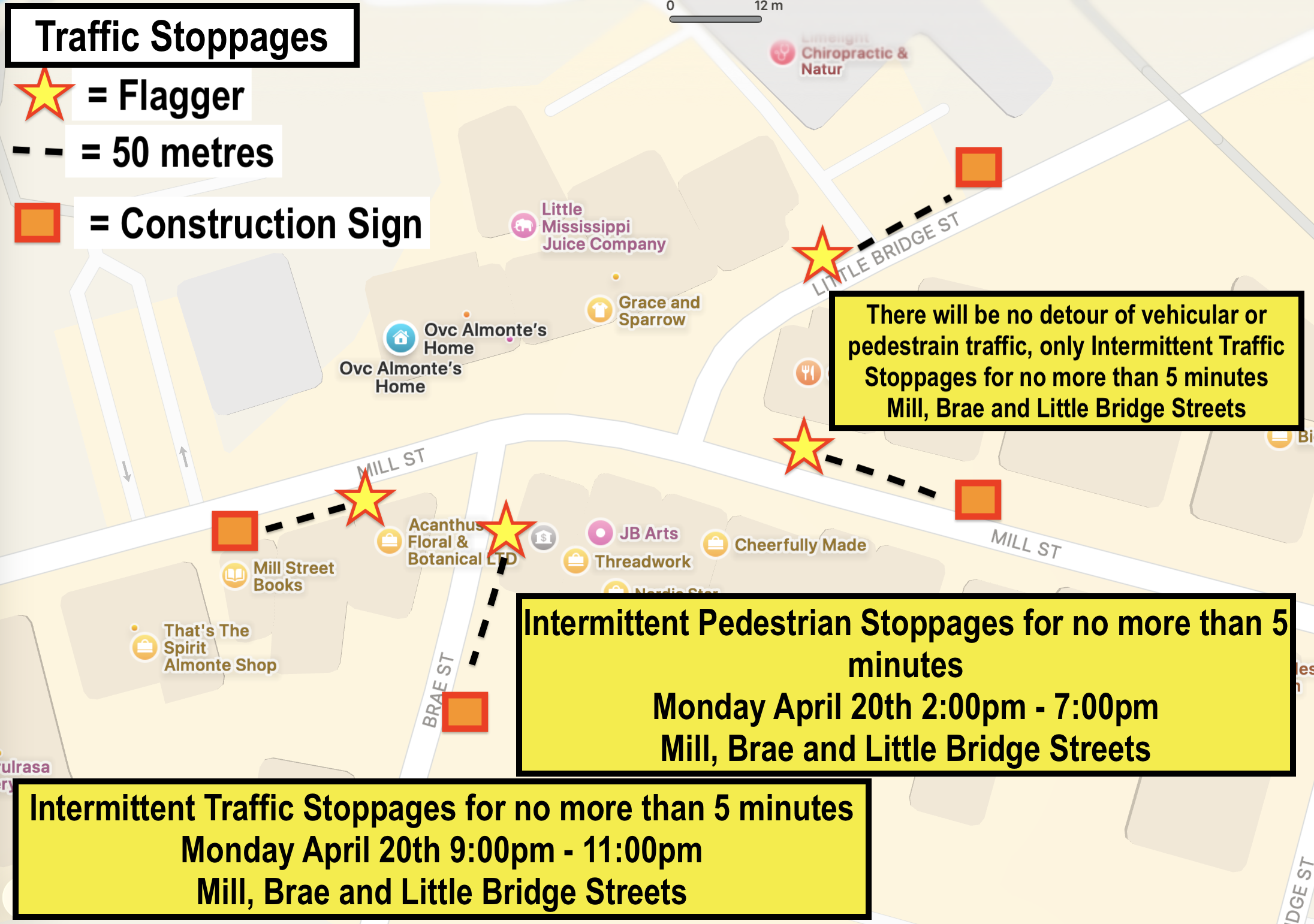 Map that shows an area of the Town of Almonte that will be impacted by pedestrian and traffic stoppages for movie filming on Monday, April 20, 2026