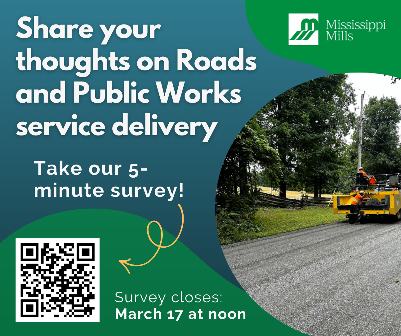 Graphic with a road being surface treated, promoting the Roads and Public Works Service Delivery Review Survey