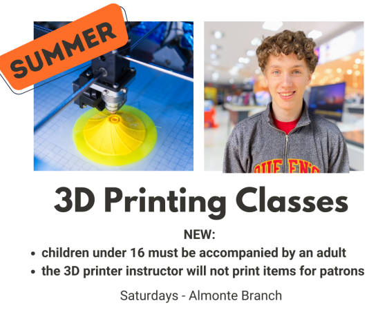 Graphic promoting Mississippi Mills Public Library's 3D printing classes