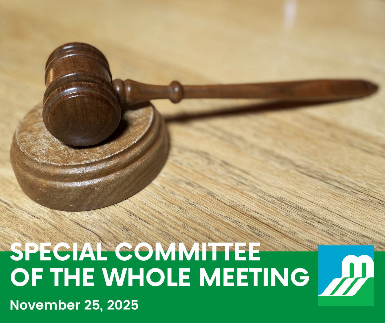 Photo of wooden gavel sitting on wooden desk and the text 'Special Committee of the Whole Meeting - November 25, 2025'