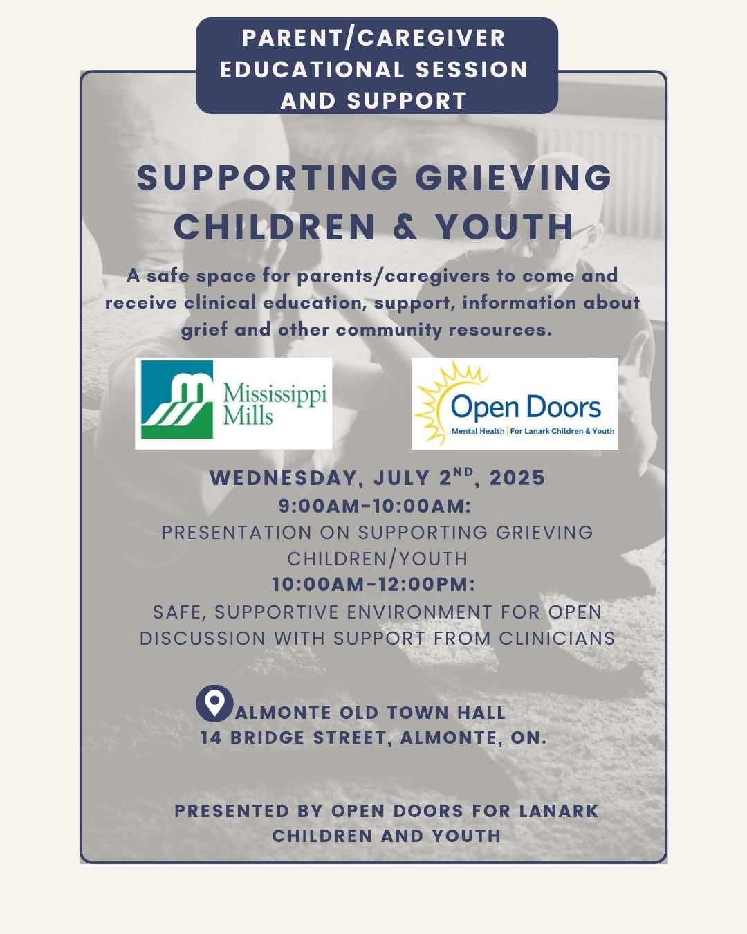 Graphic advertising Parent and Caregiver Educational Session and Support on July 2