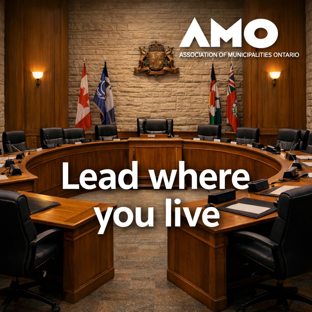 Photo of an empty Council Chambers with the text "Lead where you live"