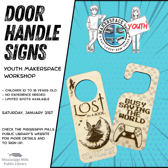 Graphic promoting Mississippi Mills Public Library's door handle signs Youth Makerspace workshop