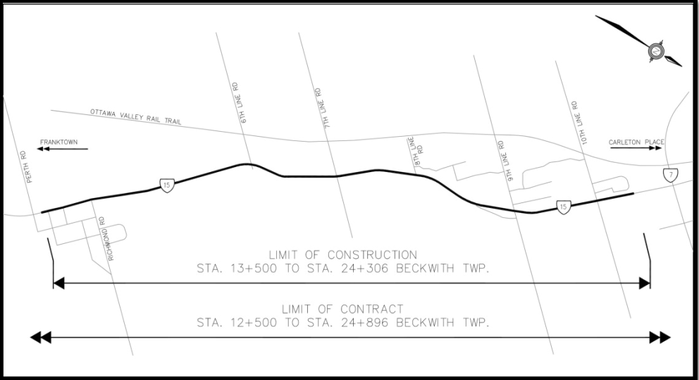 Black and white map showing construction area for Highway 15, Lanark County