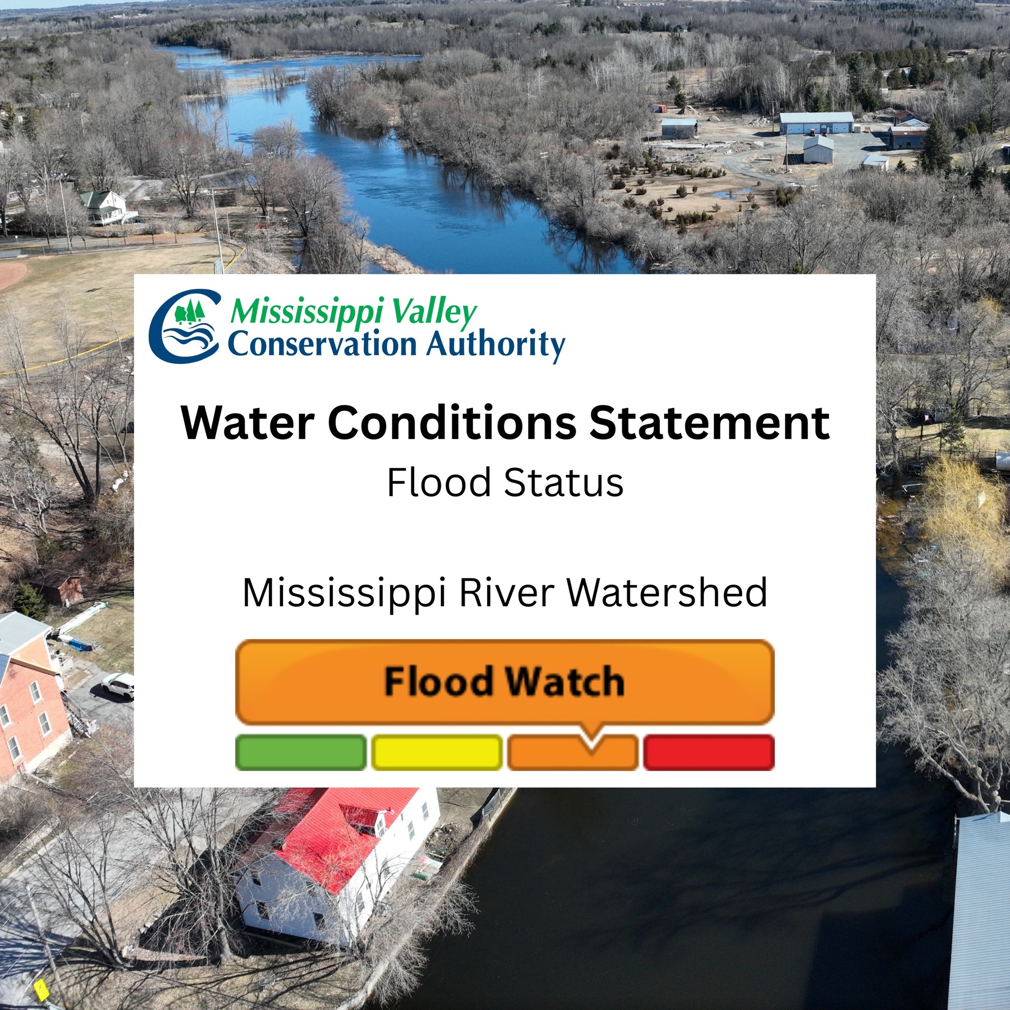Aerial shot of the Mississippi River winding through a community. A white box with the Mississippi Valley Conservation Authority logo includes the text 'Water Conditions Statement - Flood Status - Mississippi River Watershed' including a green, yellow, orange and red graphic with the orange section highlighted and the text 'Flood Watch'.