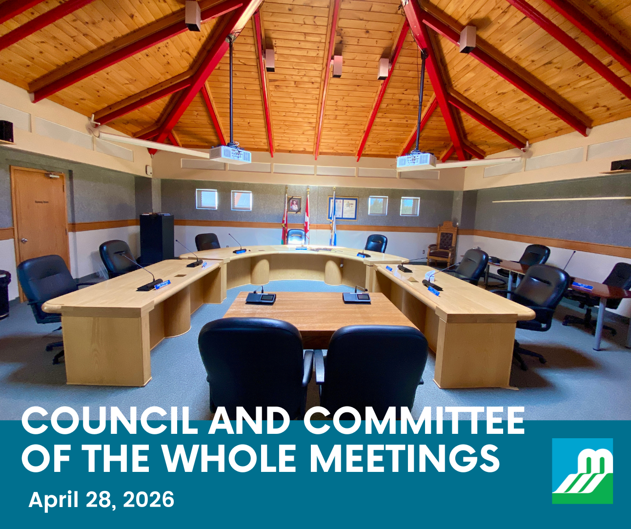 An empty Council Chambers with the text 'Council and Committee of the Whole Meetings - April 28, 2026'