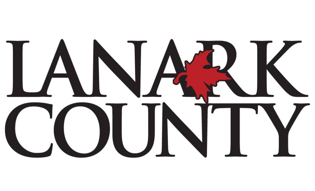 Black text graphic with red maple leaf reading 'Lanark County'