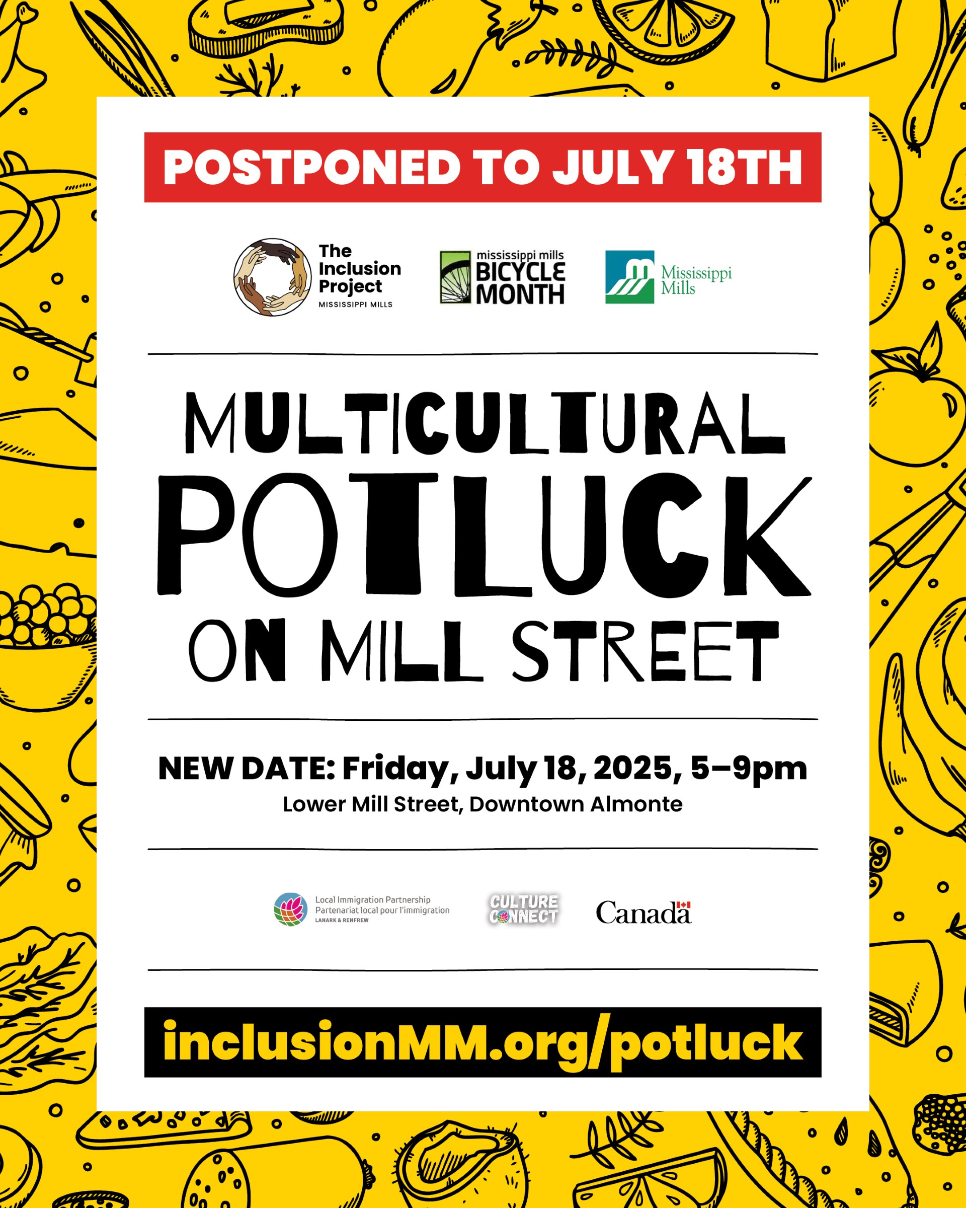 Poster announcing postponement of the Multicultural Potluck on Mill Street