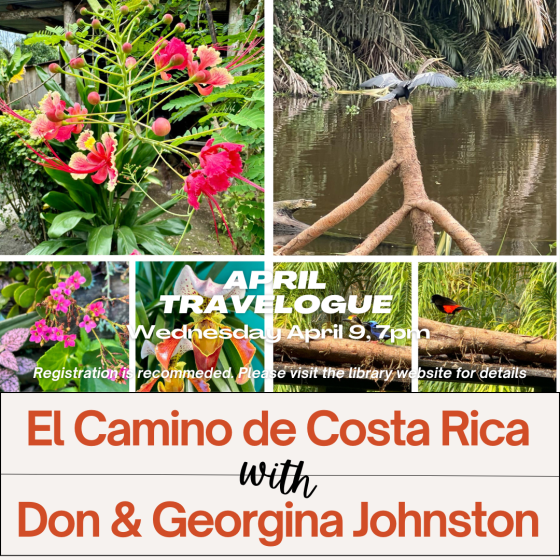 Graphic promoting April Travelogue seminar at Mississippi Mills Public Library