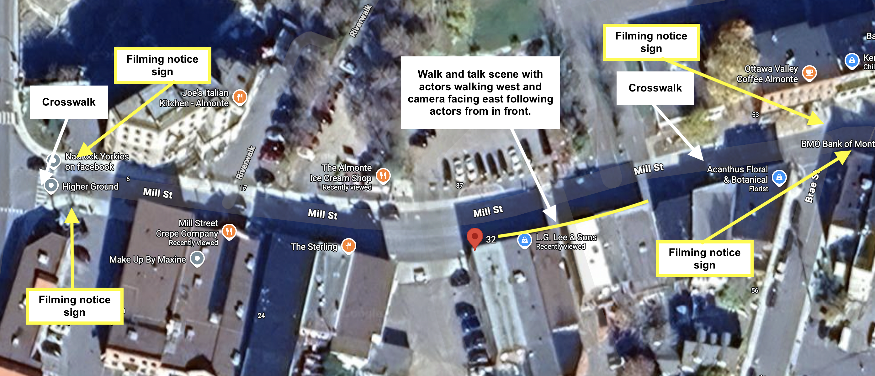 Satellite image of Mill Street in Almonte. Text points out spots for filming notices and pedestrian interruptions.