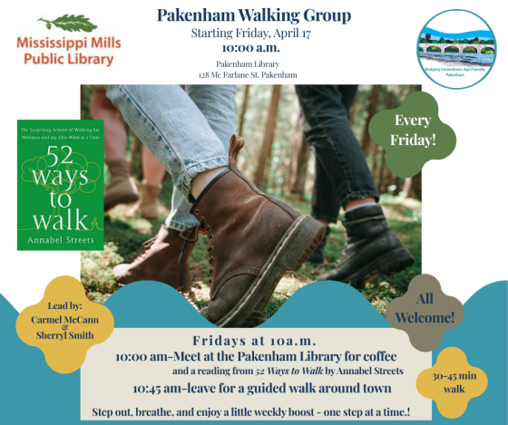 Graphic promoting Pakenham Walking Group, offered by Mississippi Mills Public Library and Bridging Generations