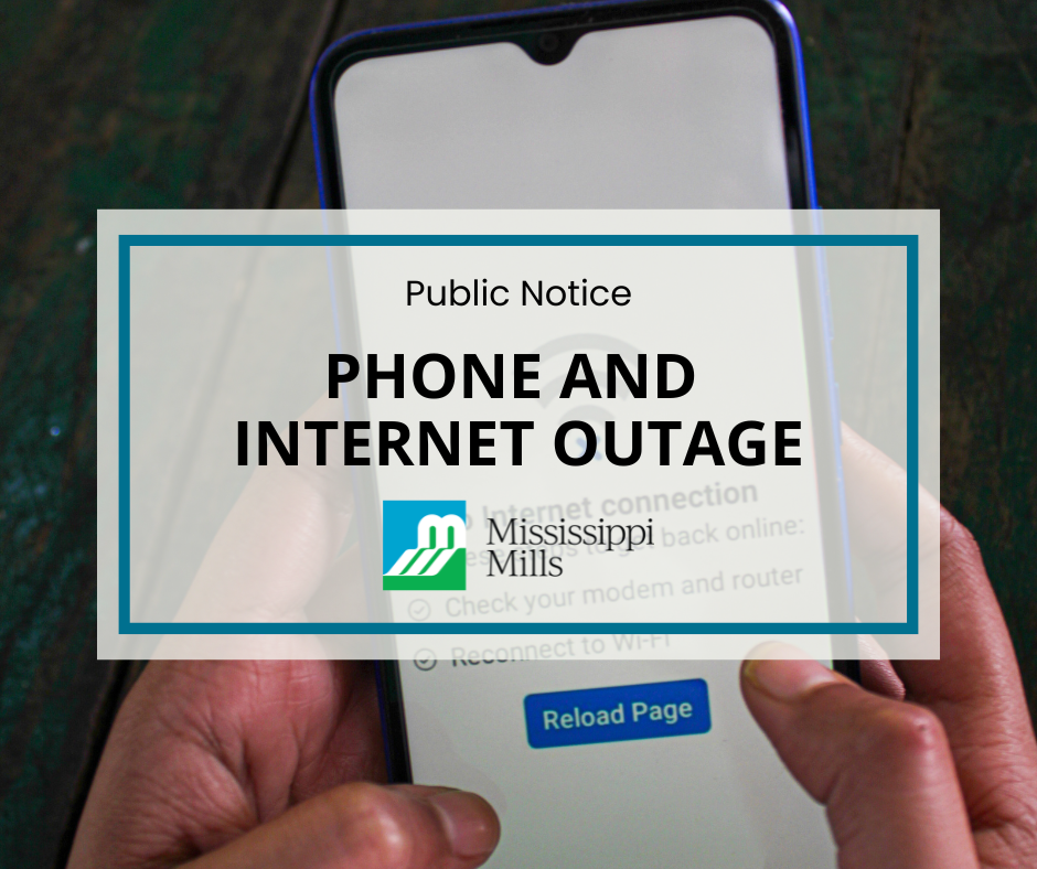 Photo of person holding phone and screen reads 'No Internet Connection' with the text 'Public Notice - Phone and Internet Outage'
