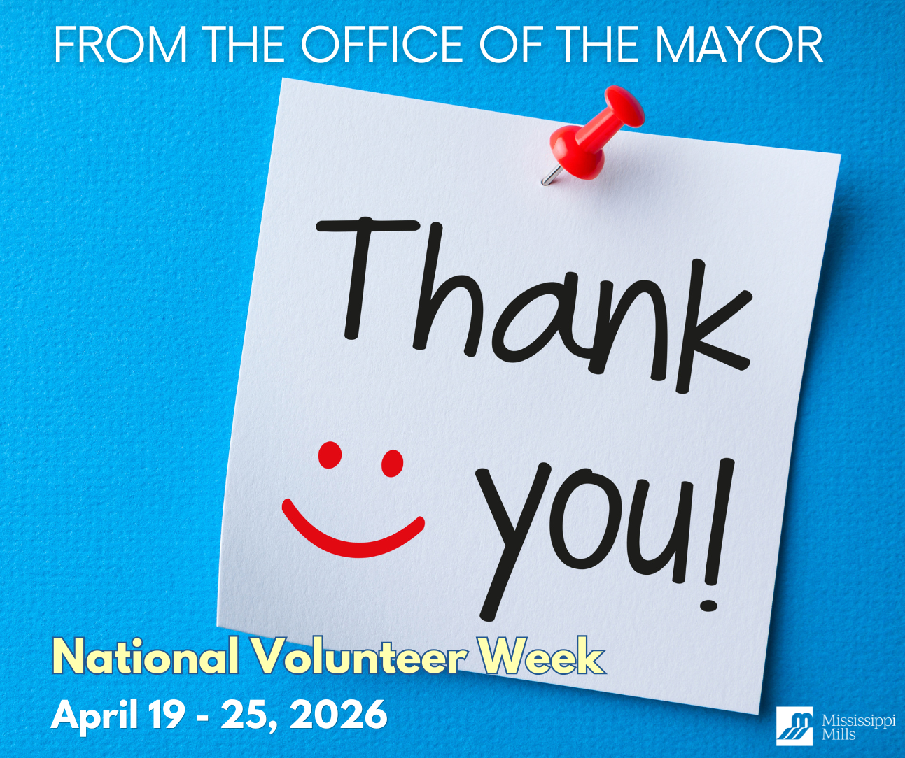 A post-it note tacked to a blue background reads 'Thank you!' with a red smiley face next to it. Text says 'From the Office of the Mayor - National Volunteer Week, April 19-25, 2026'
