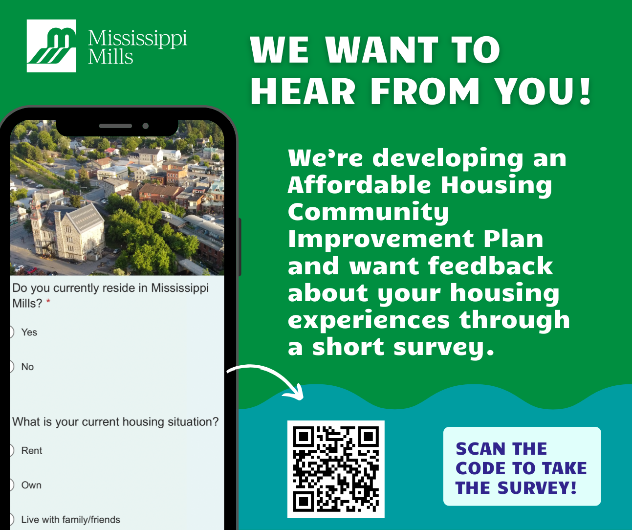 Blue and green graphic promoting Mississippi Mills Affordable Housing Community Improvement Plan survey