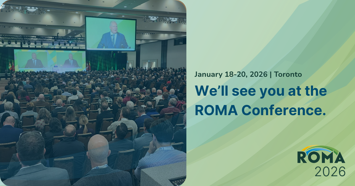 Graphic with photo of Premier Doug Ford speaking to a large crowd and the text 'We'll see you at the ROMA Conference'