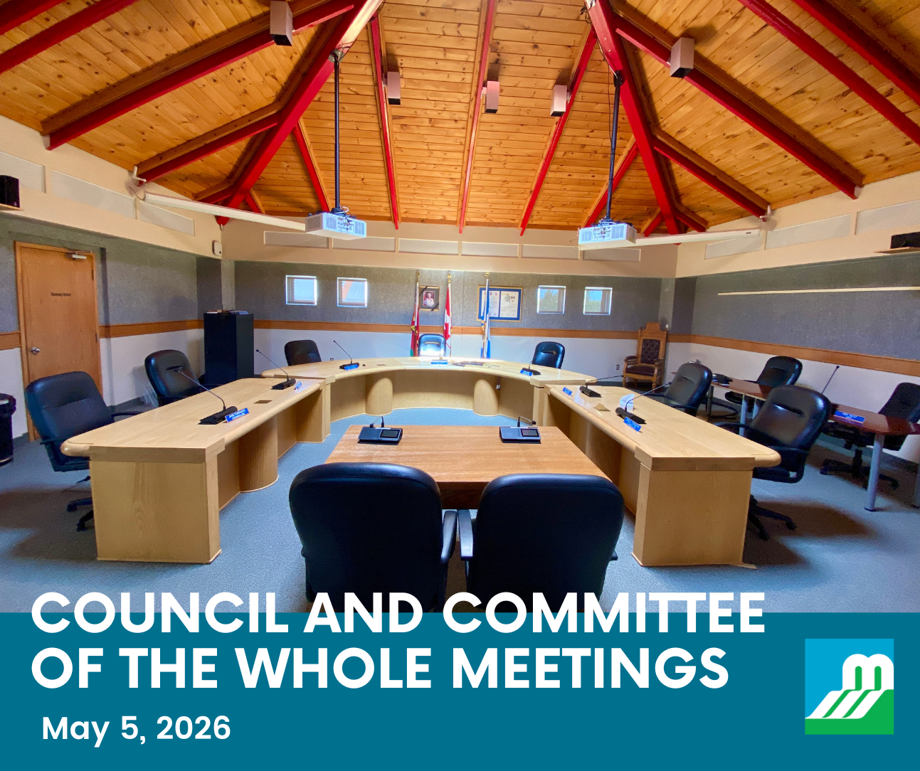 A municipal Council Chambers sits empty. A blue box with white text reads 'Council and Committee of the Whole Meetings - May 5, 2026.'