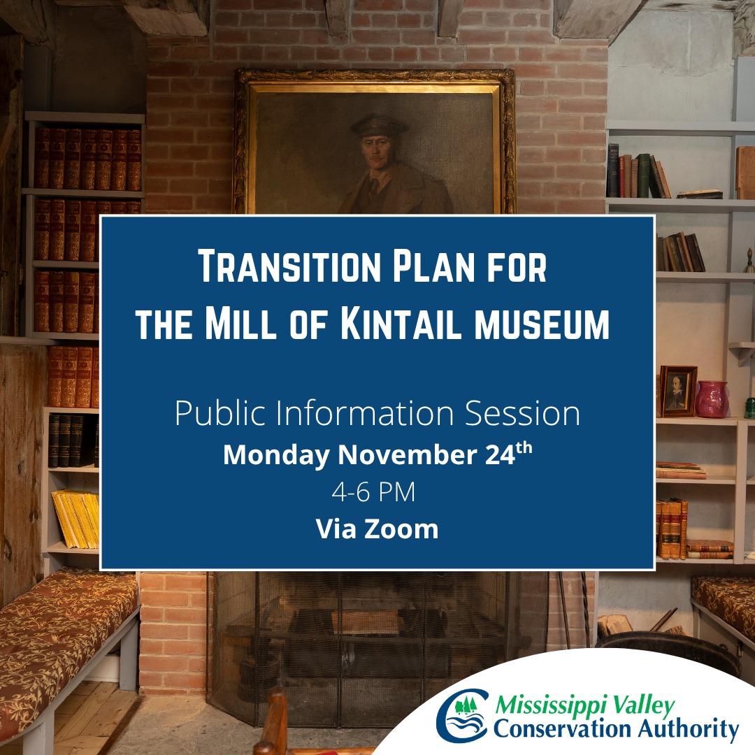 Graphic promoting public information session for transition plan for Mill of Kintail Museum on November 24, 2025