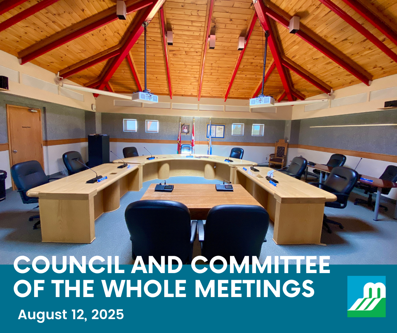 Photo of empty council chambers and the text 'Council and Committee of the Whole Meetings - August 12, 2025'