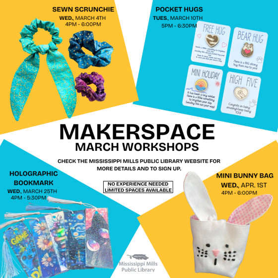 Graphic promoting March 2026 Makerspace Workshops with MMPL
