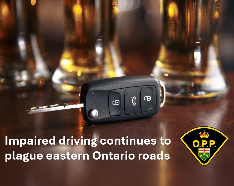 Photo with car keys sitting on a table with glasses of beer in the background. OPP logo in photo and text reads 'impaired driving continues to plague eastern Ontario roads'