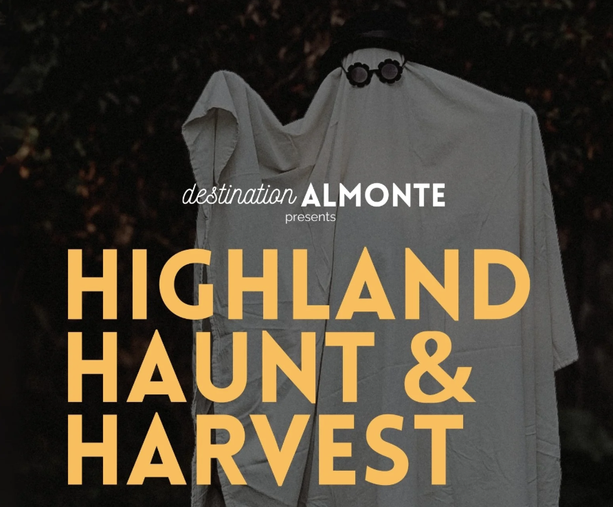 Photo of a person in ghost costume with hat and sunglasses and text 'Destination Almonte Presents Highland Haunt & Harvest'