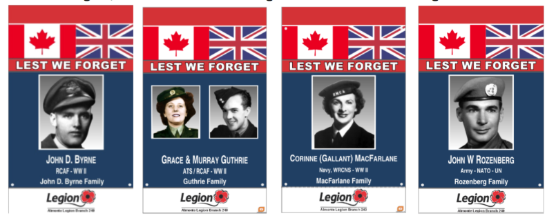 Blue, red and white banners with black and white photographs of veterans