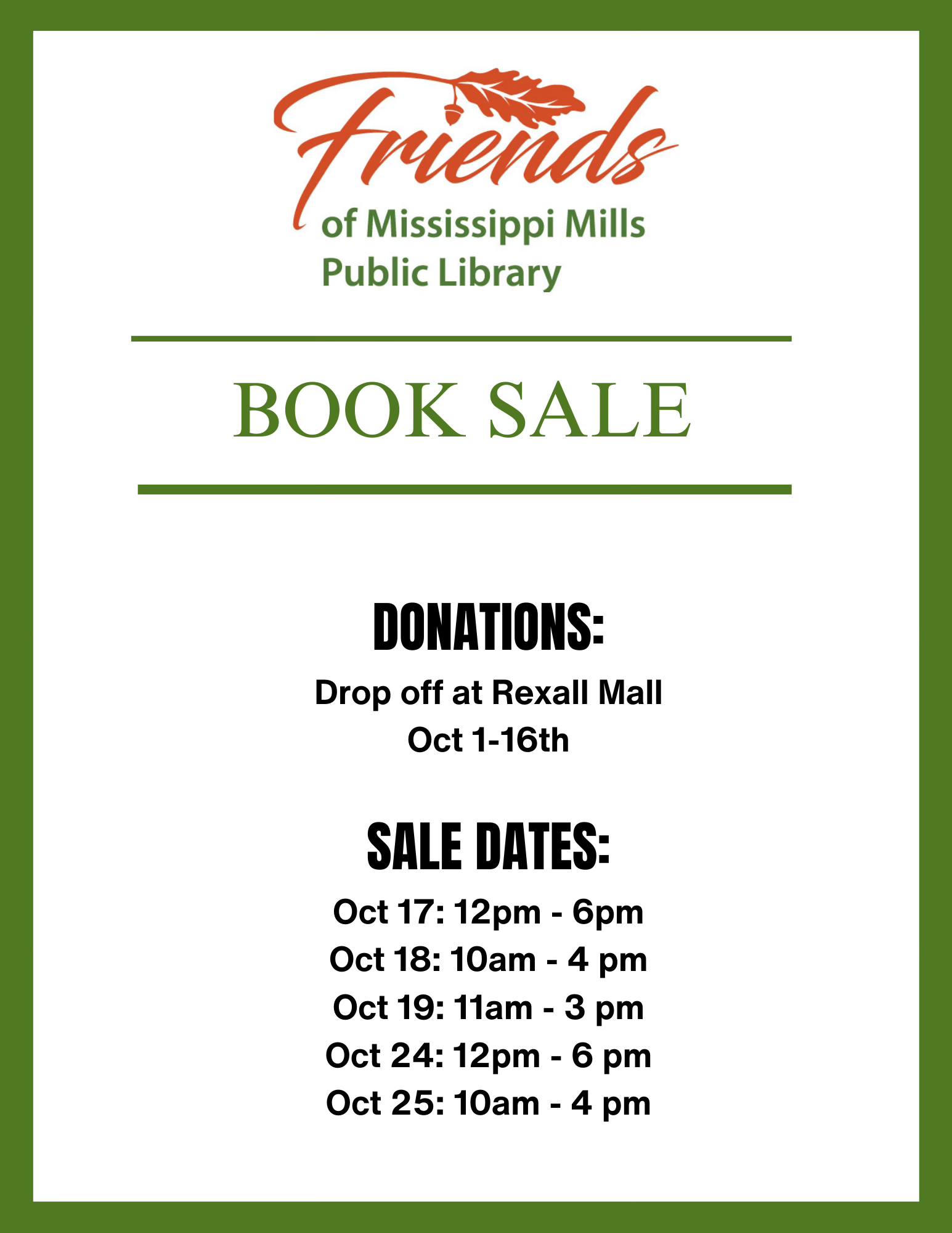 Graphic showing donation dates and sale dates for the Friends of the Mississippi Mills Public Library Book Sale