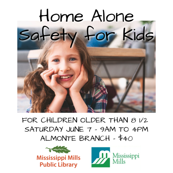Graphic advertising Home Alone Safety for Kids course at Mississippi Mills Public Library