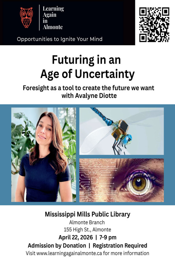 Event poster for Learning Again in Almonte lecture 'Futuring in an Age of Uncertainty'