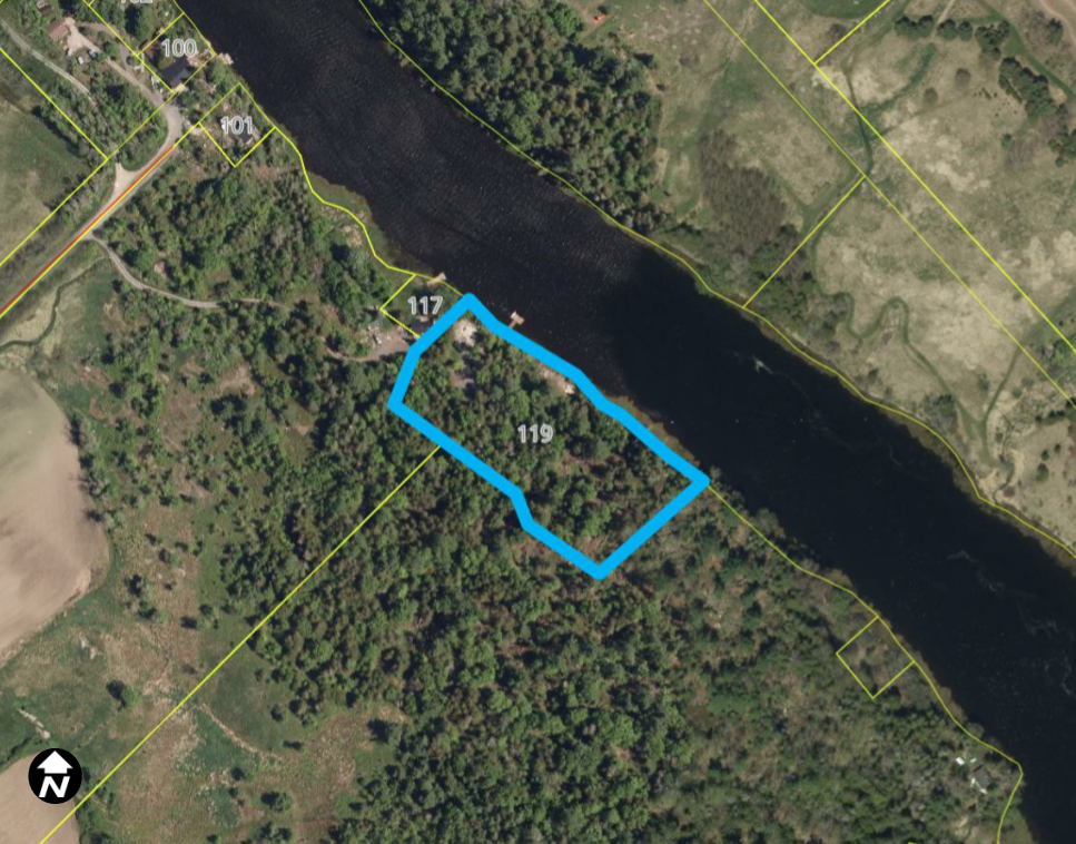 Satellite image with area blocked off in blue that is 119 Snedden Farm Road, Ramsay Ward, Municipality of Mississippi Mills