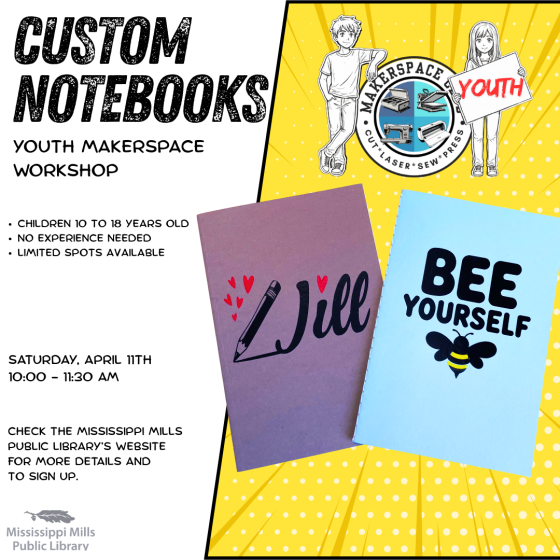 Graphic promoting Mississippi Mills Public Library's Youth Makerspace Workshop on April 11